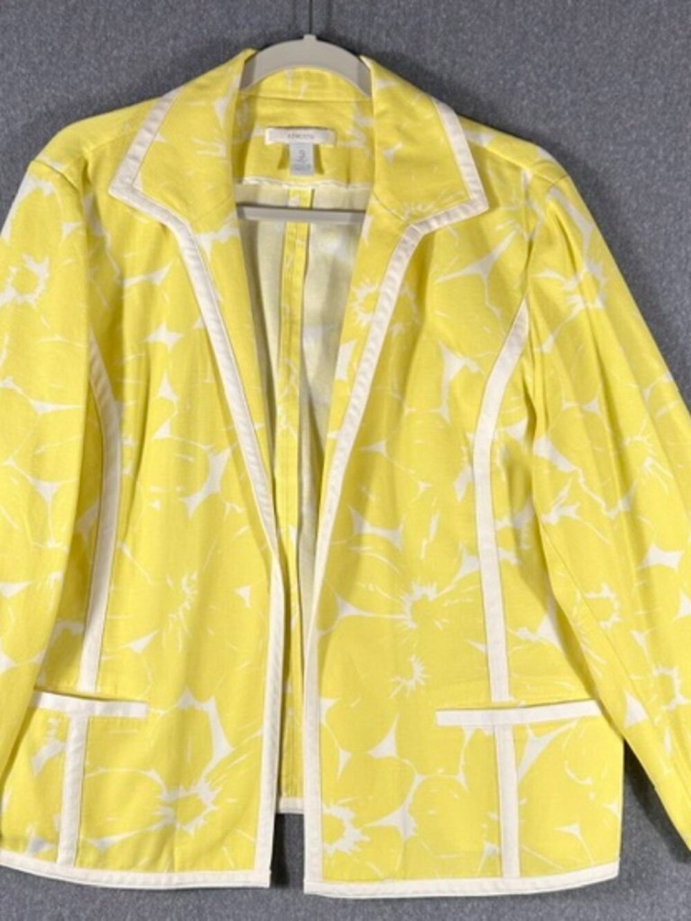 Chico's Open Front Blazer Womens Sz 3 (US 16) Yellow & White Floral Print - EUC